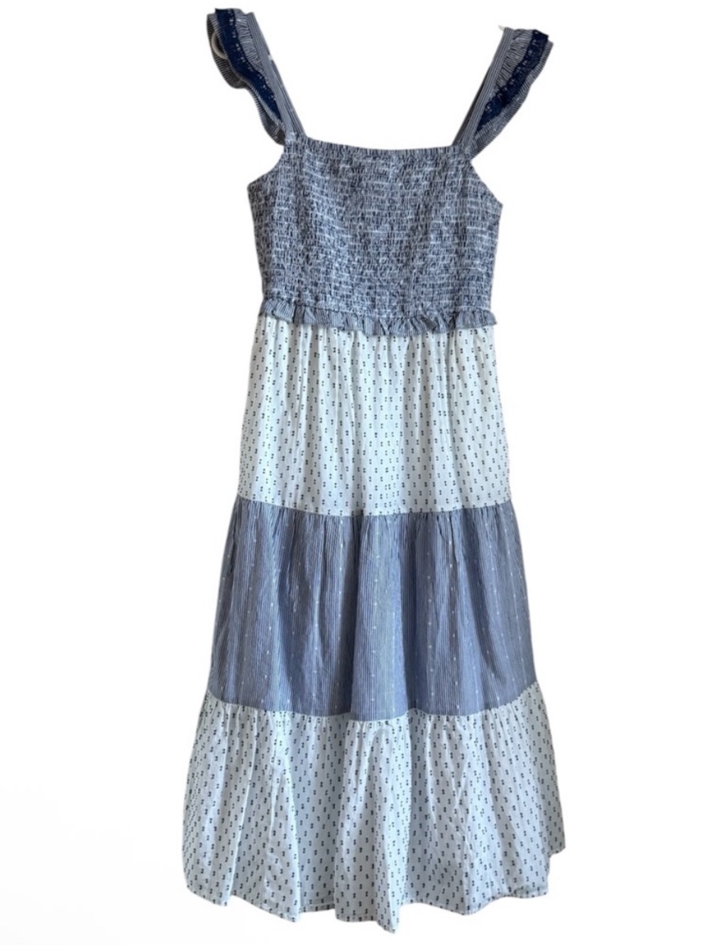 J. Crew Smocked Tiered Maxi Dress in Light Blue and White - Picture 5 of 6